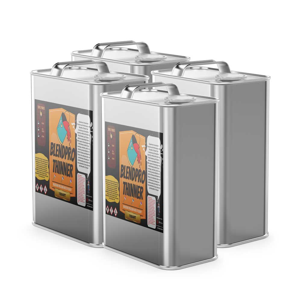 4x1-quart BlendPro professional paint thinner in silver metal containers with hazard warning symbols, sealed industrial-grade cans with carry handles.